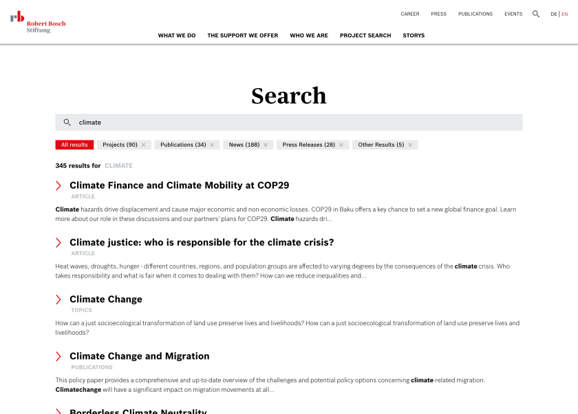 Screenshot of the Robert Bosch Foundation Website: Search