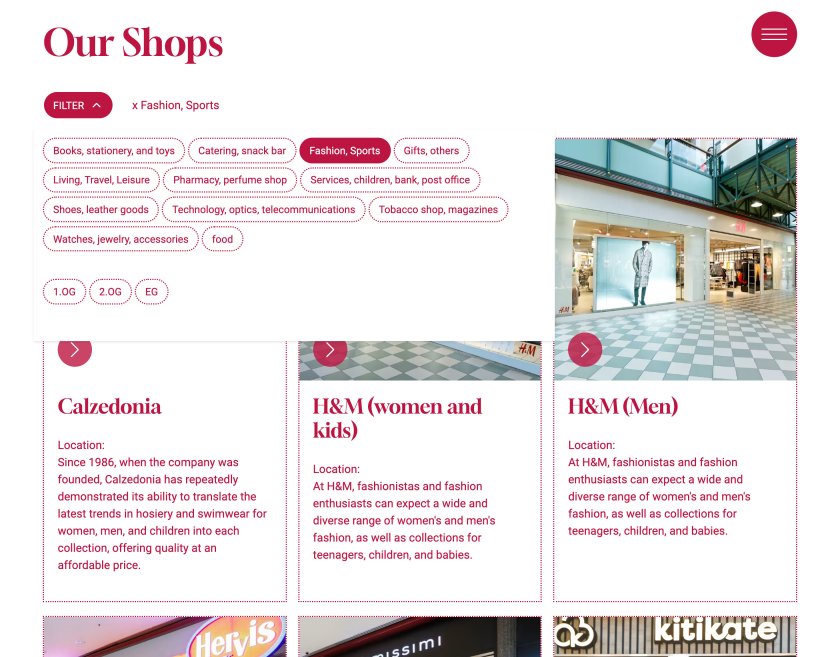 Website of the Messepark shopping center, shop overview with filter
