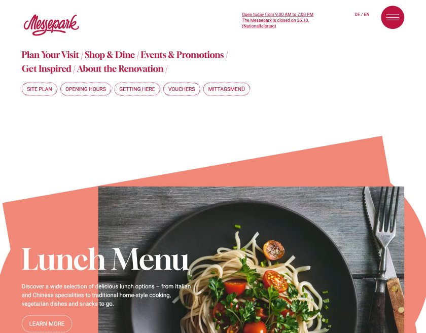 Website of the Messepark shopping center in Dornbirn, home page