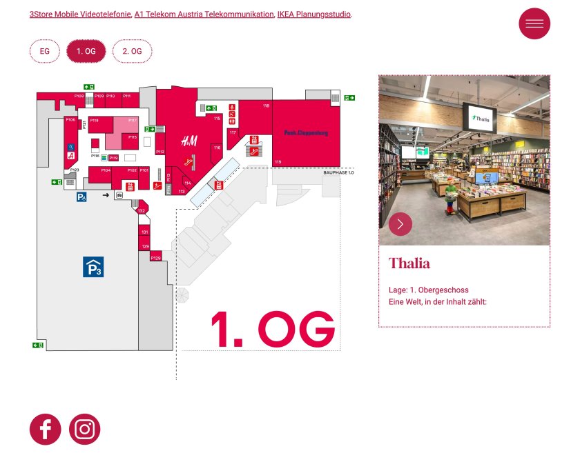Website of the Messepark shopping center, interactive site plan