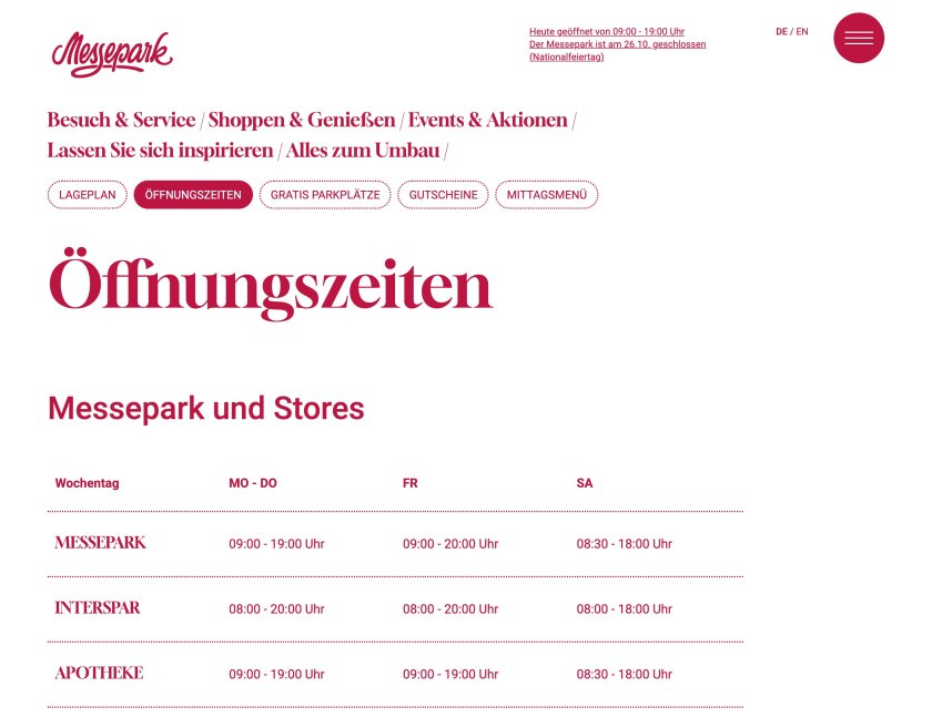Website of the Messepark shopping center, opening hours